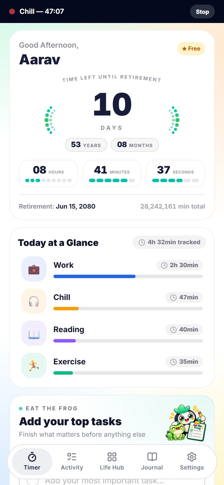 Minutics home screen with a live retirement countdown