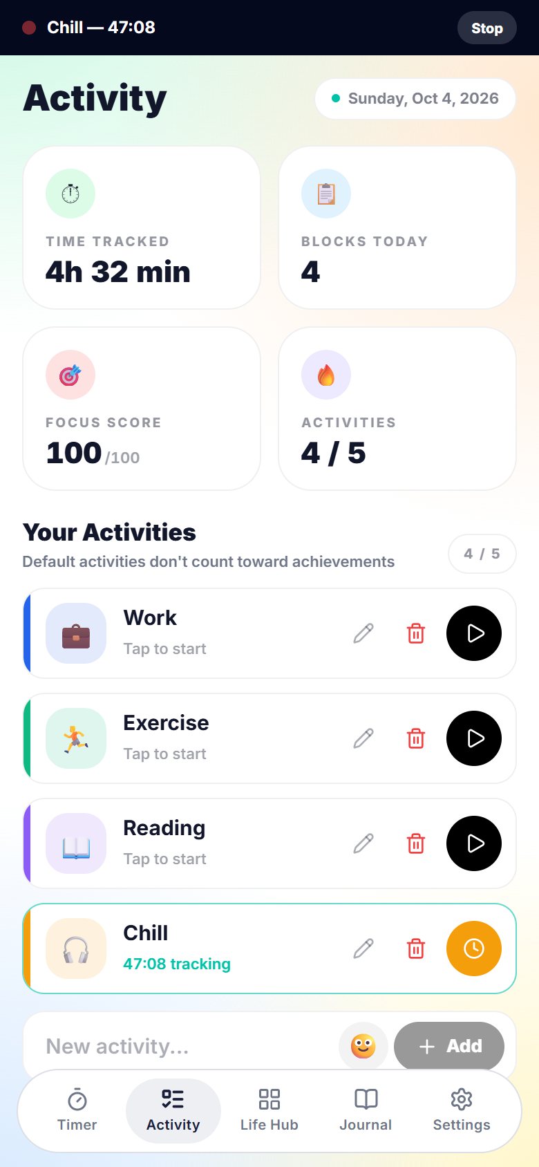 Minutics activity screen