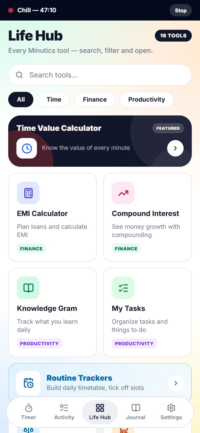 Minutics Life Hub screen