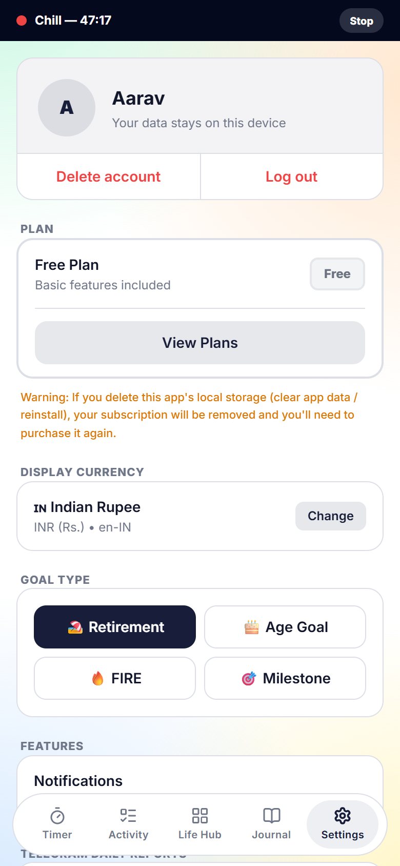 Minutics Settings page: profile, plan, display currency, goal type options and the notifications toggle